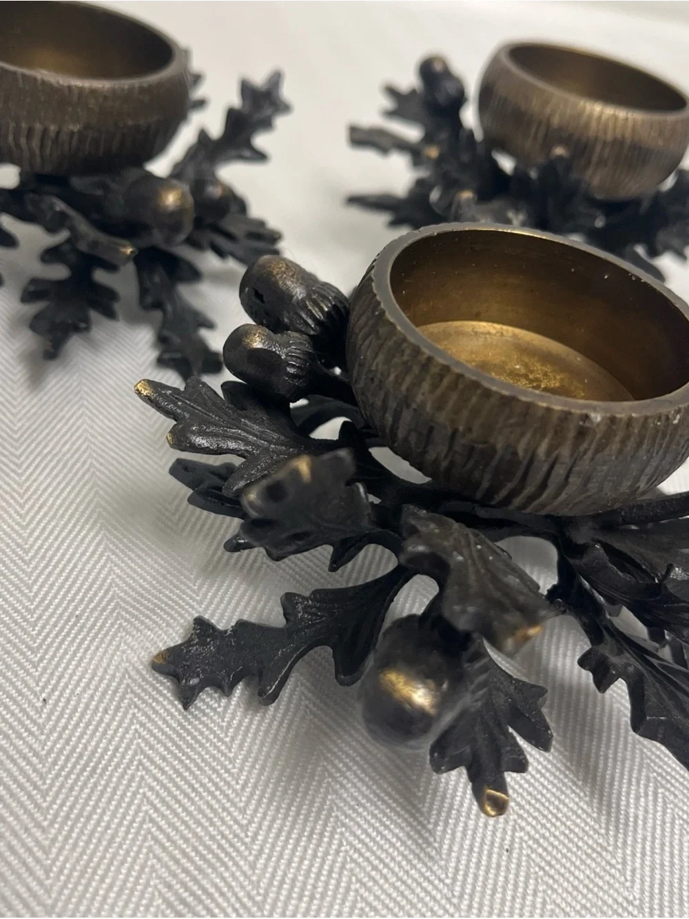 4 Vtg Metal Acorn Oak Leaf Votive Candle Holder Lot Heavy Cast Iron Set